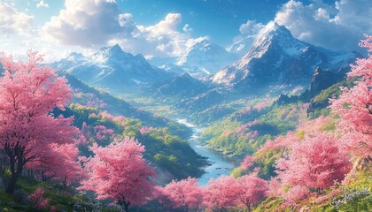 Serene Mountain Valley With Blooming Cherry Trees