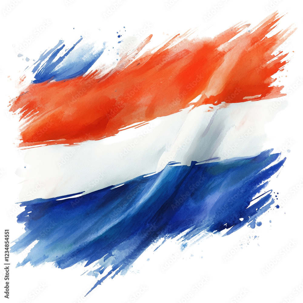 Poster An artistic representation of the Netherlands flag using abstract watercolor brushstrokes in red white and blue.