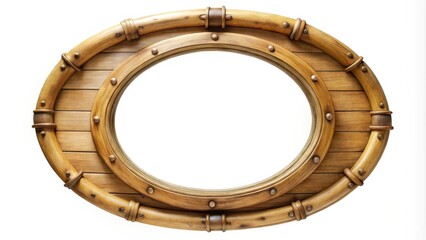 Obraz premium Rustic Nautical Wooden Porthole Frame with Brass Accents and Wooden Slats