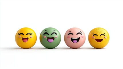 Fototapeta premium Four Happy Emoticon Spheres In Pastel Colors On White