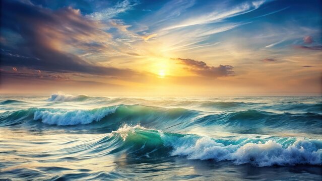 A serene ocean scene with rolling waves and a vibrant sunset casting a golden glow over the water.