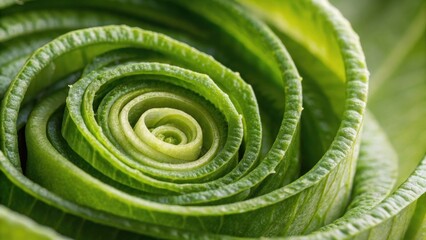 Printed food forming beautiful concentric circles with thin slices of leek vegetable, creating an interesting pattern and showing the potential of modern culinary technologies