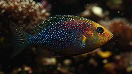 Spotted fish swimming coral reef aquarium background