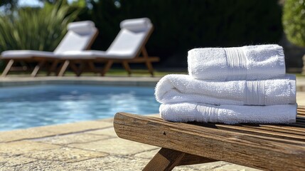 Relaxing poolside scene with fresh towels luxurious outdoor setting summer vibes serene atmosphere