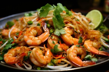 Delicious pad thai with shrimps, bean sprouts, coriander and lime being prepared in wok pan