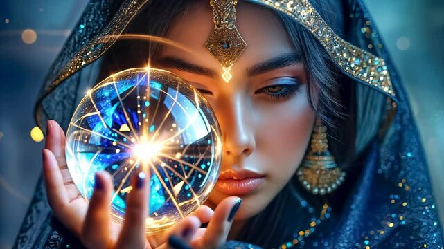 A beautiful mysterious fortune teller with piercing eyes predicts fate on a magic ball.