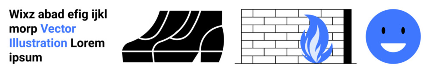 Black safety footwear, a wall with a flame, and a blue smiling face illustrate protection, hazard management, and positivity. Ideal for safety instructions, manuals, fire prevention guides, workplace