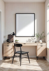 Home Office Frame Mockup with Minimalist Wooden Desk and Shelving – Modern Workspace Interior 3D Render