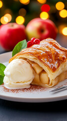 Delicious apple strudel with vanilla ice cream.