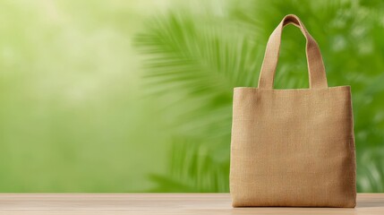 Gold Tote Bag on Wooden Table Against Green Background