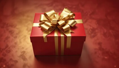Obraz premium A vibrant red gift box with a beautiful golden bow on top, red, vibrant, festive