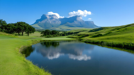 Mountain golf course scenic view, tranquil pond reflection