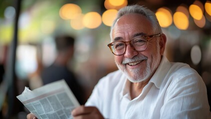 Smiling man reads newspaper in lively cafe setting