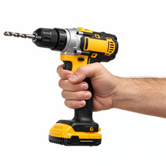 Cordless electric yellow screwdriver drill in hand isolated on white background. Close-up.The concept of construction, repair, electrical equipment, modern tools.