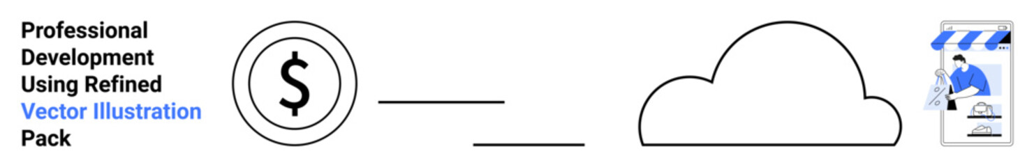 Dollar coin flows into cloud symbol, linked to an e-learning course platform. Ideal for finance, cloud services, education, technology, online learning, startup growth, flat landing page banner