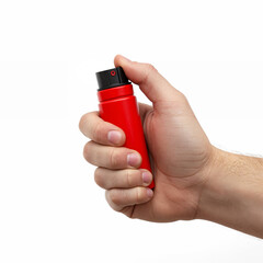 Hand with red pepper spray on white background