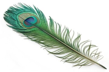 Obraz premium Close-up of a single green peafowl feather with intricate patterns and iridescent sheen, feathers, plumage, birds
