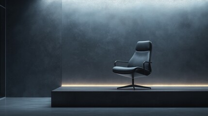 Modern office chair placed on a raised platform with dramatic lighting