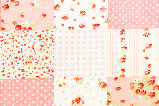 Pink foral patchwork fabric background showing various textures and patterns