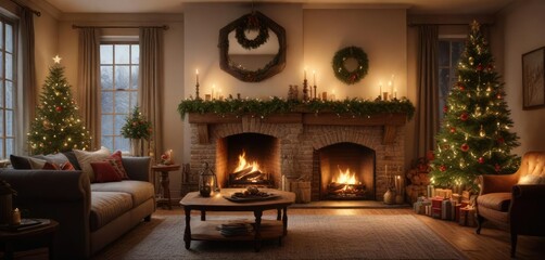 A warm and inviting Christmas living room with a crackling fireplace and cozy decor, autumnal ambiance, fireplace warmth