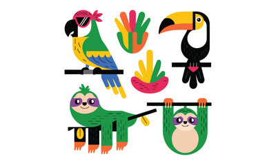 A collection of vector tropical animals with clean lines and vivid colors. There is a parrot with a bright green body and a yellow head. The parrot is wearing