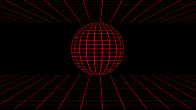 Red globe grid spins above fishnet mesh. 3d render red wire frame grid sphere glob ball. Retro neon yak 90s 80s vapor wave retro wave background. isolated black Network planet Earth.