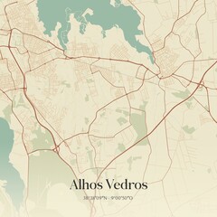 Vintage map of Alhos Vedros, Portugal. 