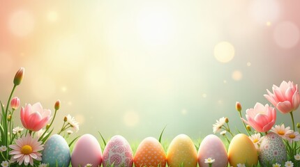 Vibrant Easter Sale Banner featuring colorful eggs, fresh spring flowers, and a soft pastel gradient background with Customizable Discount Space
