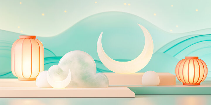 Modern Ramadan scene with white onyx crescents and frosted pink lanterns on a seafoam-ivory background