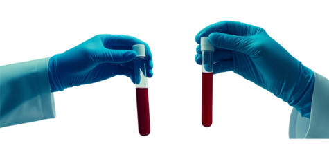 Blue gloved hand holds a test tube with liquid isolated on white or transparent background