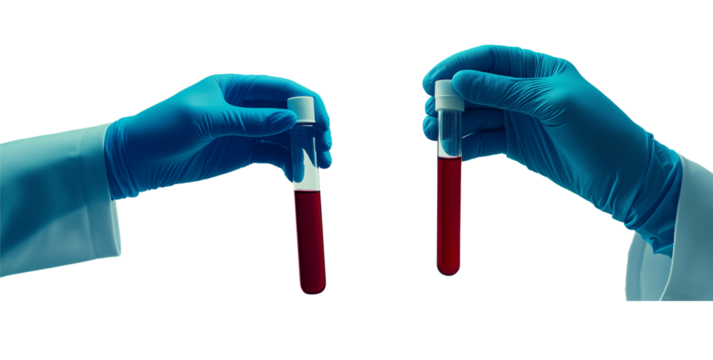 Blue gloved hand holds a test tube with liquid isolated on white or transparent background