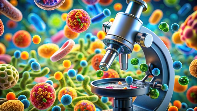 A microscope lens peers into a vibrant world of microscopic organisms, capturing the intricate beauty of life at its smallest scale.