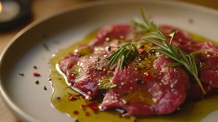 Thin meat with rosemary & oil on plate, table setting