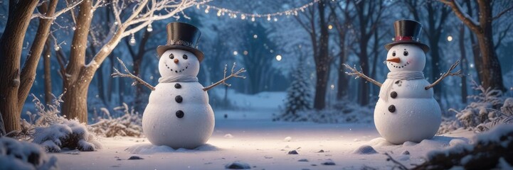 Obraz premium A whimsical winter scene featuring a snowman amidst a forest of frosty trees adorned with twinkling fairy lights and glittering icicles, glittering icicles, snowy landscape, festive decorations