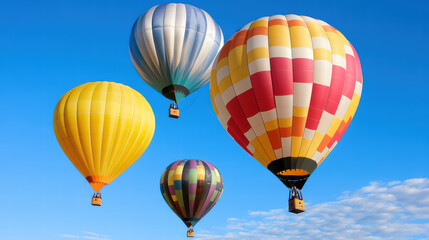 Naklejka premium Colorful hot air balloons soaring in clear blue sky create vibrant scene of joy and adventure. festival atmosphere is enhanced by variety of patterns and colors