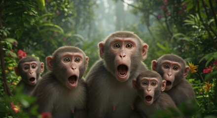 Group of surprised monkeys in a vibrant jungle setting with flowers