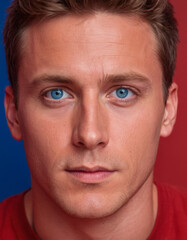 Fototapeta premium Close-up portraits of a blue-eyed man with various expressions and lighting backgrounds. The series emphasizes facial features, symmetry, and eye color against red and blue backgrounds.