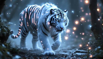 Majestic White Tiger Walking in Enchanted Forest