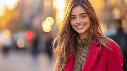 Obraz premium Beautiful smiling young woman in red coat 