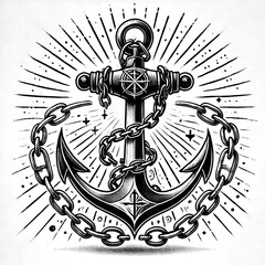 Anchor tattoo with chains crossed sketch black and white © Bas SketchEngraving