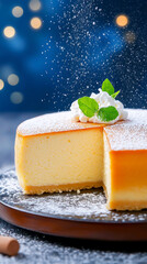 Delicious cheesecake topped with mint leaves.