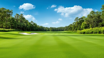 Obraz premium Lush Green Golf Course Fairway Under a Sunny Blue Sky