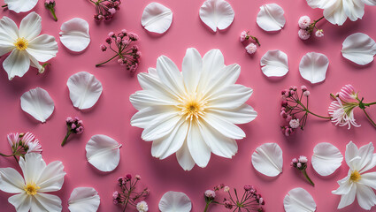 Obraz premium White flowers and petals arranged on pink background