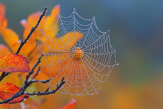 Dewdrops adorn a spiders web in autumn leaves