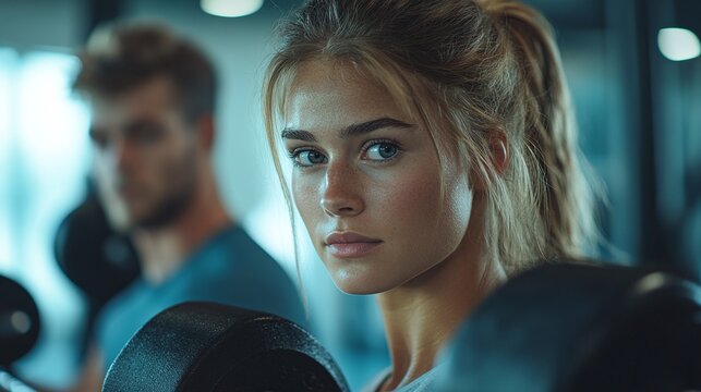 gym training session with male trainer coaching female in dumbbell workout, focusing on lifting exercises, strength training, and guided fitness routines for health and strength