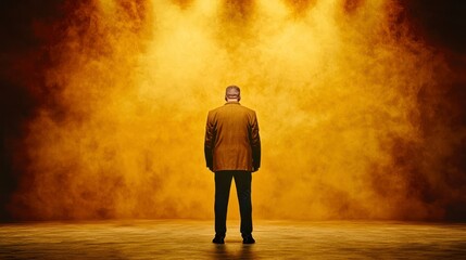 Obraz premium Man In Brown Jacket Contemplating Dramatic Golden Yellow Spotlight Background