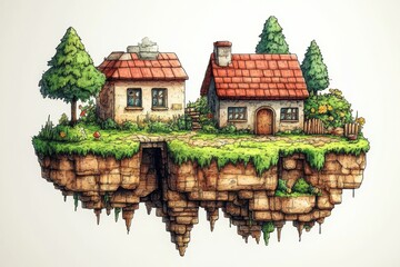 A whimsical floating village with charming houses and lush greenery.