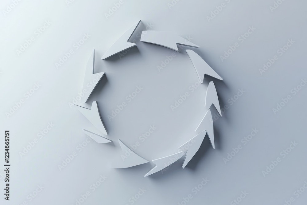 Poster Circular arrangement of white arrows on a light gray background creating a sense of motion and direction. Generative AI