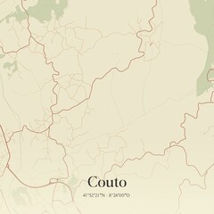 Vintage map of Couto, Portugal. 
