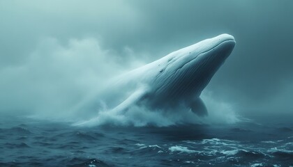Fototapeta premium Majestic Whale Emerging From Misty Ocean Waves
